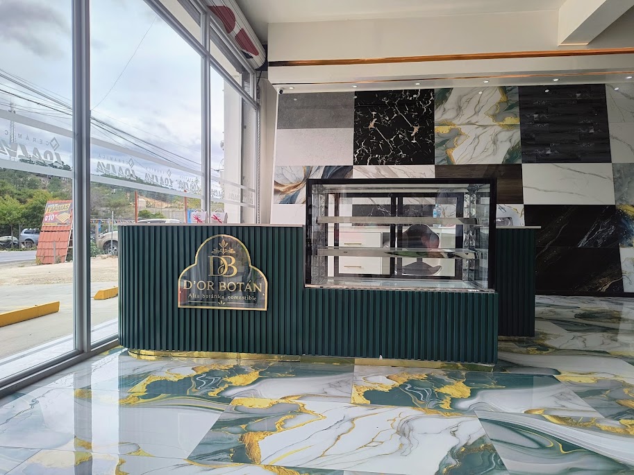 Mostrador comercial verde con vitrina para D'Or Botan